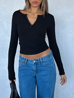 Vêtements pour femmes en gros, hauts sexy à col en V, t-shirts slim, t-shirts à manches longues de couleur unie