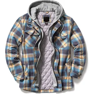 Men's Quilted Lined Flannel Hooded Shirt Jacket Soft Long Sleeve Outdoor Plaid Shirt Jackets