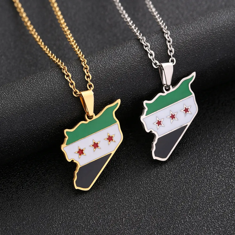 Wholesale 18K Gold Plated Stainless Steel Syria Map Necklace Colorful Enamel Map Flag Syria Pendant Necklace For Women