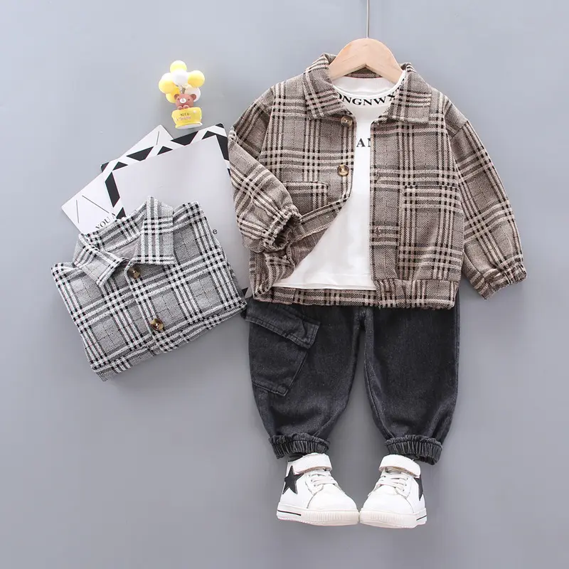 Plaid Children Warm 3 pcs New Boys Clothes Coat With Long Sleeve Shirts With Jeans Pants Clothes Boy Clothing Sets