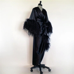 Robe de nuit longue en satin de soie personnalisée pour femmes, vêtements de nuit de mariage, pyjama à cordon, robe kimono <span class=keywords><strong>abaya</strong></span> avec plumes d'autruche - Product Image 6