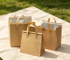 Insulated tote bag made of thickened kraft-textured non-woven fabric with reinforced stitched webbing <b>handles</b> - Product Image 6