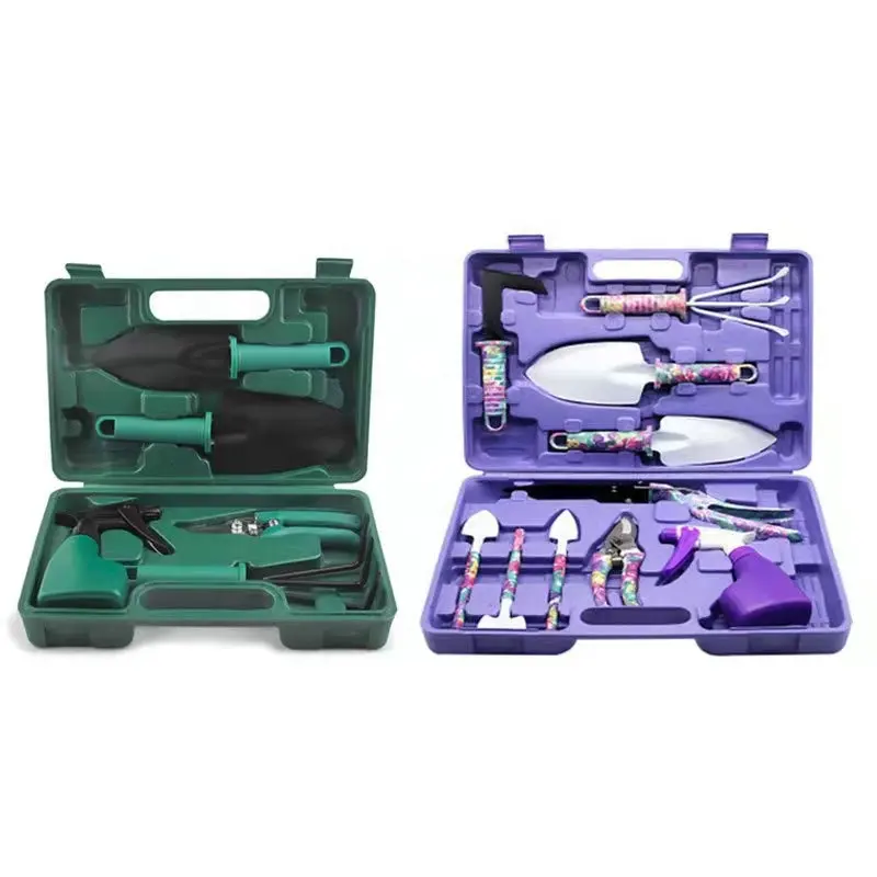 Gardening Tools and Equipment 10-piece Garden Hand Tools Set Green and Purple Garden Planting Tools Set with Toolbox