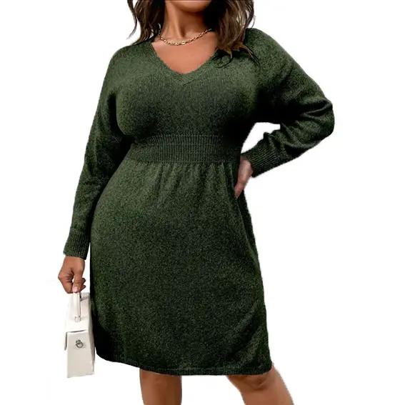 Solid Color Fashion Long Sleeve Autumn/Winter Loose V-Neck Gown For Women High Quality Sweater Dress