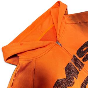 Sudadera con capucha oversize naranja para hombre, con cremallera, diseño especializado, estampado frontal, lavado desgastado, estilo streetwear, para venta al por mayor - Product Image 3
