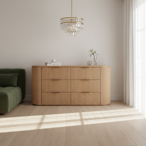 Commode moderne à 6 tiroirs en bois <span class=keywords><strong>clair</strong></span> avec design à rayures verticales, multifonctionnelle pour salon et chambre à coucher - Product Image 1