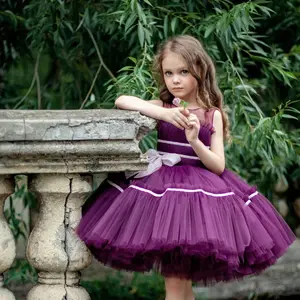 Фиолетовое Тюлевое свадебное платье с цветочным принтом для девочек, детское платье принцессы на день рождения, платье-пачка с блестящим бантом