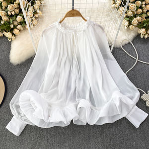 <span class=keywords><strong>Camicetta</strong></span> <span class=keywords><strong>con</strong></span> Maniche a Lanterna in Stile Coreano - Primavera Autunno 2025 Elegante Top in Chiffon <span class=keywords><strong>con</strong></span> Orlo a <span class=keywords><strong>Balze</strong></span>, Vestibilità Ampia Camicia Casual da Donna - Product Image 5