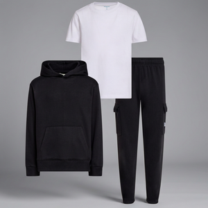 Boys Black Hoodie <b>White</b> T-Shirt Black <b>Cargo</b> Sweatpants Casual Tracksuit Set Solid Color Midweight Cotton Autumn Wear - Product Image 4