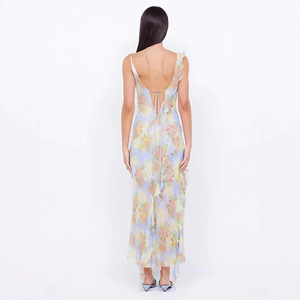 Vestido de Noche Largo de Gasa con Estampado Floral y Hombros Descubiertos, Cintura Imperio, Cremallera Frontal, Translúcido, Vestido de Moda para Mujer - Product Image 4