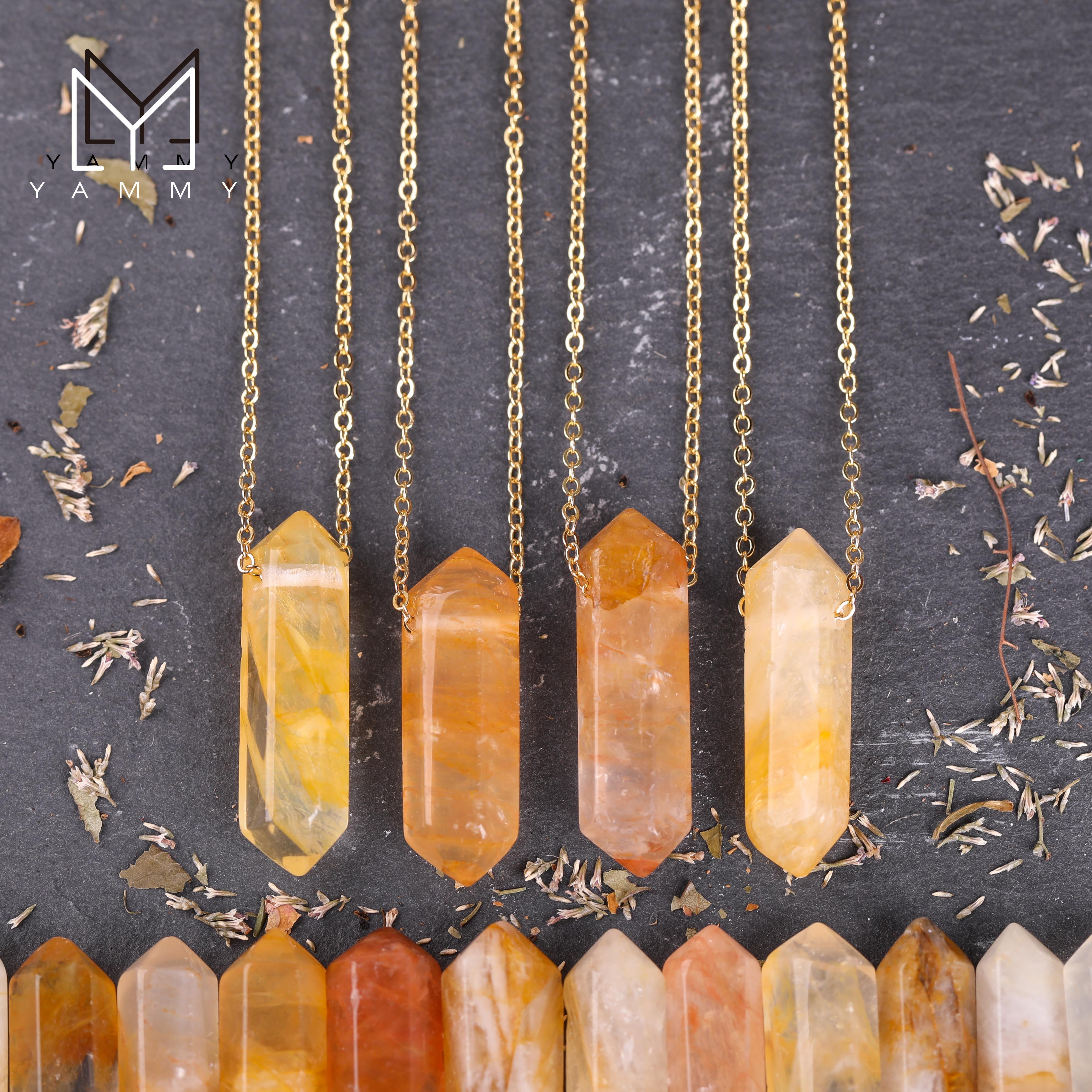 Yammy Natural Citrines Quartz Double Point Beads Pendant Gold Chains  Fashion Women Crystal Necklace