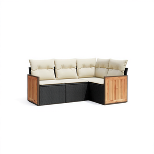 Ensemble de salon de jardin blanc crème et noir 4 places en rotin, meubles d'extérieur en teck, design contemporain - Product Image 1