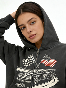 Felpa con cappuccio vintage in cotone all'ingrosso, crop top con zip, stampa bandiera USA e bandiera scozzese, stampa auto da corsa, unisex, in pile, ODM, stile Y2K Street - Product Image 3
