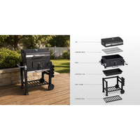 Barbecue au charbon de bois carré noir moderne SEJR en acier pour l'extérieur, avec table d'appoint et chariot émaillé en porcelaine, pour 8 à 10 personnes