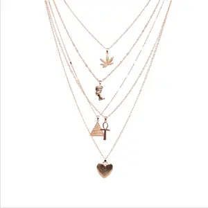 fashion brass alloy leaf nefertiti pyramid peach heart pendant multi layer chain necklaces jewelry for women China Supplier