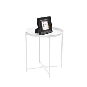 WIREKING White Round End Table Metal Coffee Table Small Package Foldable Living Room Side Table Low Price