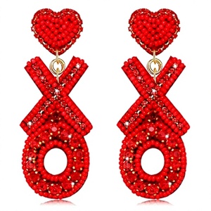 Handmade <b>Red</b> Beaded Heart XOXO <b>Earrings</b> Valentine's Day Jewelry Love Theme Crafted with Embroidery - Product Image 1