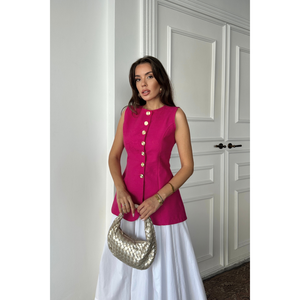 Chaleco de Lino Jacquard con Cintura Ajustada, Color Fucsia, Top sin Mangas para Mujer con Botones Dorados, Talla S - Product Image 3