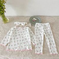 Ensemble pyjama bébé fille boutique, manches longues, col rond, imprimé floral côtelé, leggings à bord festonné, vente en gros, vêtements de nuit pour enfants
