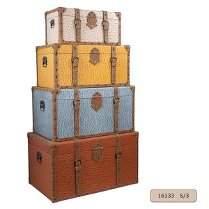 <strong>Vintage</strong> Rectangle Wooden <strong>Trunks</strong> and Storage Chests Boxes Set Baul with PU Leather Surface for Home Decoration - Product Image 3