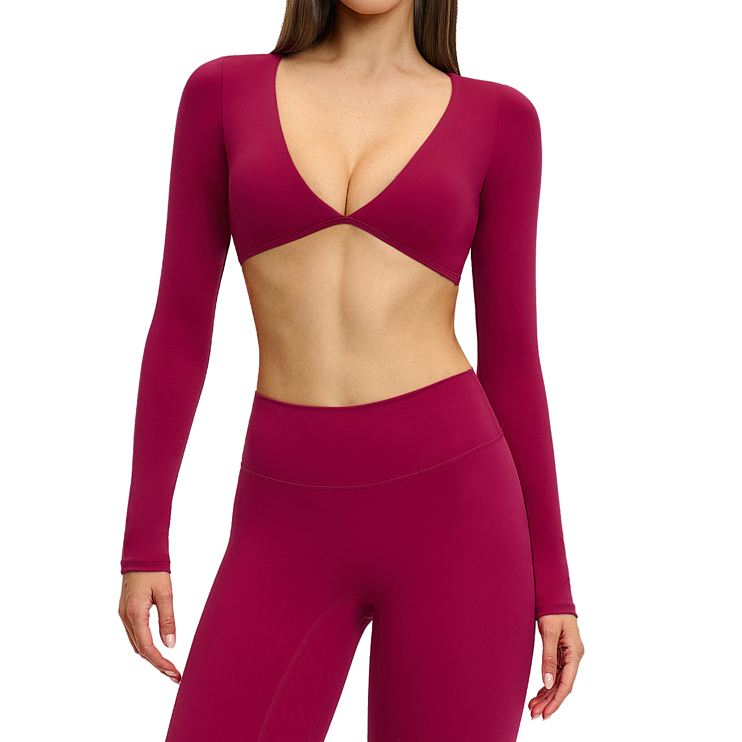 Women's Stylish Lightweight Breathable V-Neck Crop Yoga Shirt Long Sleeve Casual Sports Top for Outdoor Fitness & Running