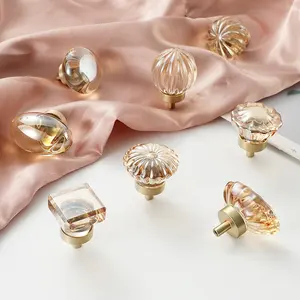 High Quality Titanium Knobs With Diamonds Popular Transparent Champagne Furniture Cabinet Brass Crystal Handle Pull Knob 1942