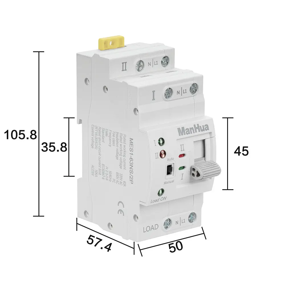 Manhua 2 P AC 220V 63A 2-poliger automatischer Übertragungs schalter mit doppelter Leistung Elektrischer Schalter PC-Typ Schalter Haushalts-Din-Schiene