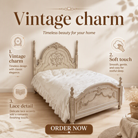 Lit double vintage de style français avec colonnes romaines sculptées, cadre en bois massif, couleur personnalisable, taille standard