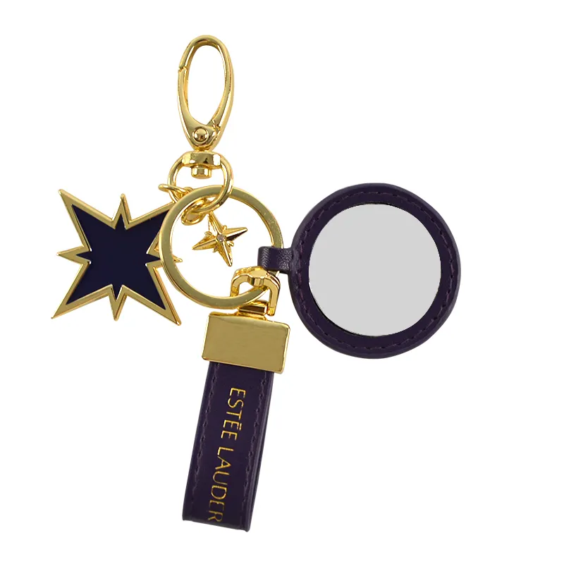Gold Key Holder Ring Attached Custom Estee Lauder Logo Name Pu Leather Keychain Com espelho