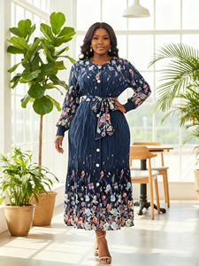Robe élégante décontractée grande taille pour femme <span class=keywords><strong>Miyaki</strong></span>, ceinture, vente en gros 2025, col en V, manches lanternes, imprimé floral, robe plissée avec - Product Image 2