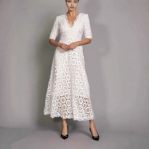 <b>White</b> <b>Lace</b> Maxi Dress V-Neck Floral Print Hollow Sheer Layer Evening Dress Natural Waistline Zipper Front - Product Image 1