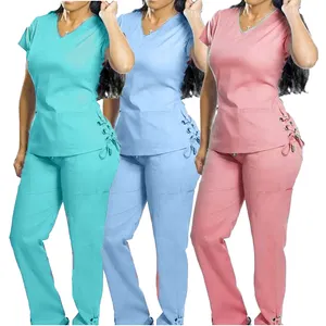 Polyester Rayon Spandex Kain Scrub Gaya Scrub Seragam Set untuk Wanita Warna Teal Jogger Medis Keperawatan Scrub Jaket