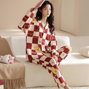 Новая красная клетчатая Пижама женские весенние и летние модели с принтом медведя можно носить на улице, удобная домашняя пижама - Product Image 2