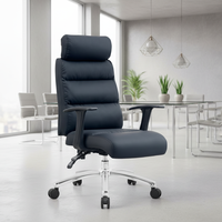 Chaise de bureau exécutive ergonomique moderne en cuir bleu foncé, hauteur réglable, accoudoirs fixes confortables, base en aluminium