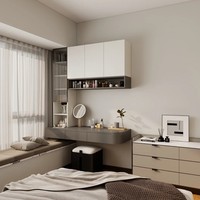Ensemble de chambre à coucher 3 en 1 avec coiffeuse, bibliothèque et miroir éclairé, en bois de pin massif, style moderne européen minimaliste et luxueux, tendance actuelle