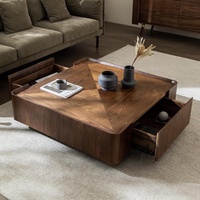 Table basse en bois de chêne massif avec espace de rangement, finition noyer vintage, design carré, nouveau style chinois, ensemble haut de gamme pour salon