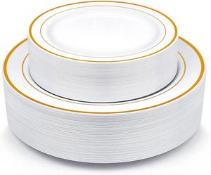 Assiettes jetables en plastique de 7,5 et 10,25 pouces avec bordure dorée de qualité supérieure pour les mariages - Product Image 1