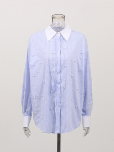 2025夏季新款女式气质休闲条纹衬衫翻领串珠对比色女式衬衫 - Product Image 3
