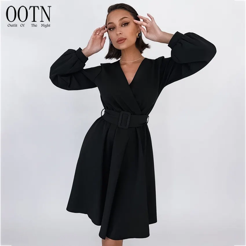 OOTN 2023 Female Elegant Club Party Clothing Black Sexy Fashion Long Sleeve Dresses Women Puffy Sleeve V-Neck Belt Mini Dress