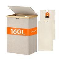 Panier à linge double 160L Panier en bambou pliable extra large 2 sections 2 doublures amovibles Sacs beiges pour le linge