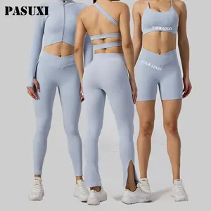 帕苏西最新罗纹健身服装女性长袖瑜伽背心服装健身房健身套装加尺码瑜伽服装运动服