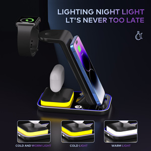 แท่นชาร์จไร้สายแบบเร็ว 4-in-1 15W พร้อมไฟ LED สำหรับ <span class=keywords><strong>iPhone</strong></span> สมาร์ทวอทช์ และหูฟัง - Product Image 4