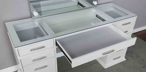 Modern Solid Wood Vanity Padded <b>Stool</b> Set 8mm Glass Top Storage Drawers LED Lighted Luminous White Finish for Room - Product Image 2