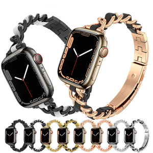 Nouveau design <span class=keywords><strong>Bracelet</strong></span> pour femme Chaîne unique en métal <span class=keywords><strong>Bracelet</strong></span> en cuir Boucle en acier inoxydable <span class=keywords><strong>Bracelet</strong></span> pour femme en résine pour <span class=keywords><strong>Apple</strong></span> <span class=keywords><strong>Watch</strong></span> - Product Image 1