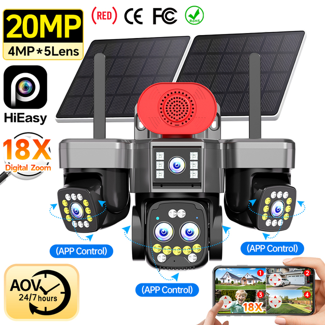 5-Lens 4G Solar Security Camera 20MP AOV 24/7 Recording 18X Zoom Outdoor PTZ CCTV Camera AI Motion Detection with 2 Solar Panels