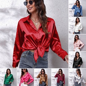 Camicia in Raso da Donna in 23 Colori e 7 Taglie Disponibili, Stile Carino a Maniche Lunghe, Vestibilità Regolare, Tinta Unita, Nuovo <span class=keywords><strong>Abbigliamento</strong></span> Europeo e Americano - Product Image 3