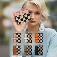 Dompet Koin Kulit PU Motif Kotak-kotak Modis, Dompet Mini Kanvas, Tempat Kartu Multifungsi, Tempat Kartu Kredit & ID untuk Wanita
