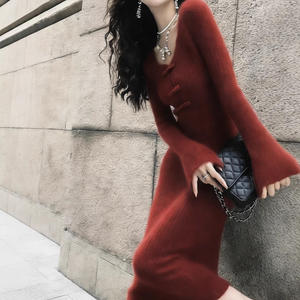 Abito Lungo da <span class=keywords><strong>Donna</strong></span> Elegante a V Scollo a V, Lavorato a Maglia, Rosso Vintage, a Vita Alta, Slim-fit, per <span class=keywords><strong>Capodanno</strong></span>, Autunno Inverno - Product Image 4