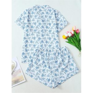 Ensemble pyjama deux pièces pour femmes, imprimé floral, manches courtes, chemise boutonnée, short à nœud, vêtements de nuit, vêtements de détente - Product Image 3