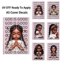 Autocollants de transfert UV DTF prêts à appliquer pour couverture de carnet A5, motif 'Dieu est bon', 'Fleur' et 'Fille noire en prière', thème de la foi